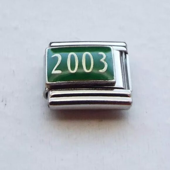 Year 2003 on green enamel 9mm stainless steel italian charm bracelet link new - Picture 1 of 2